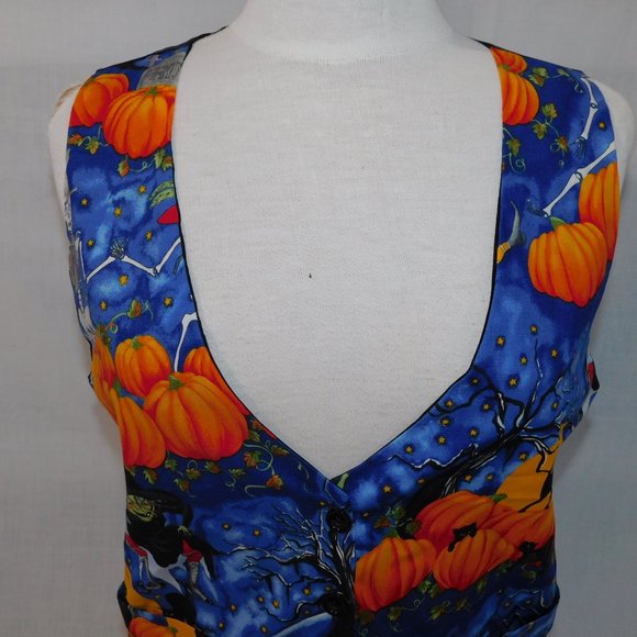 On Tour Womens M Halloween Vest Pumpkins Witches Black Cat Skeleton Blue Orange - Picture 5 of 8